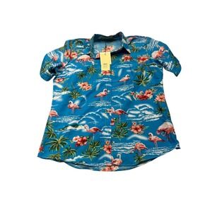 SSLR Womens Tropical Flamingo Palm Tree Hibiscus Button Up Shirt Blue L NWT
